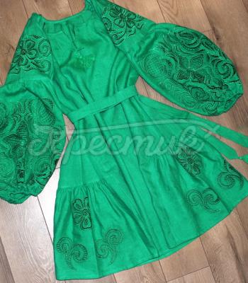 Зелена сукня вишиванка з Рішельє "Раміна" плаття льон