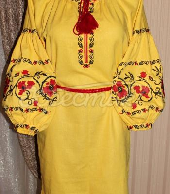 Желтое платье бохо на льне "Маковая роса" фото