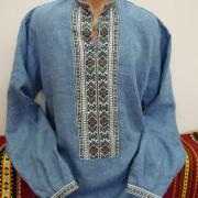 Мужская вышиванка на льне "Джинсовая геометрия" фото Крестик