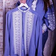 Мужская вышиванка на джинсовом льне "Белая сварга" фото Крестик