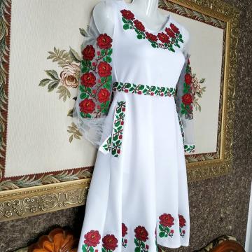 Вышитое платье с евросеткой "Роза-Мимоза"